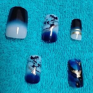 Press on nails blue gold white marble set